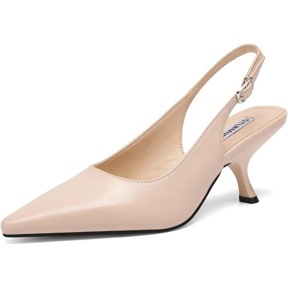 Women Tan Closed Pointed Toe Kitten Pumps Fashion Low Heel Wedding - Picture 1 of 7